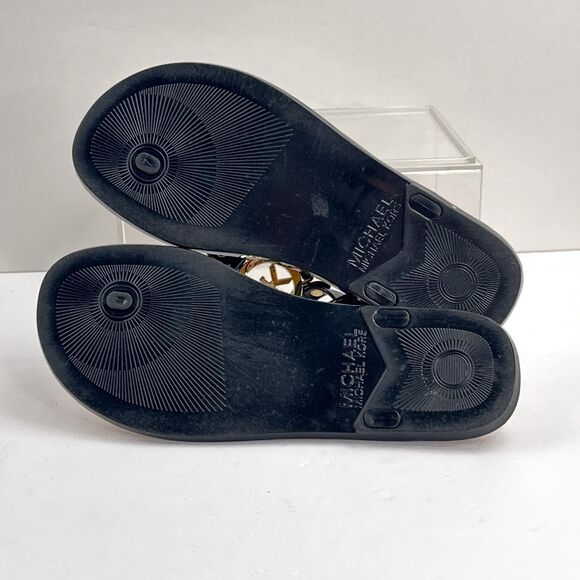 Michael Kors Sandals Womens 7 Black Gold Cork Jelly Thong Flip Flop Logo Slides - Picture 4 of 10